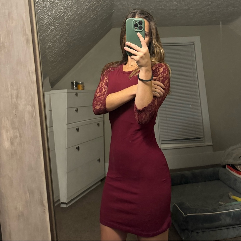 Express: maroon, lace-sleeved, mini dress, small